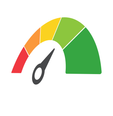 Desenho de medidor com uma agulha apontando para uma área verde. O medidor é dividido em seções com cores variando do verde ao vermelho, sugerindo uma escala de baixo a alto.