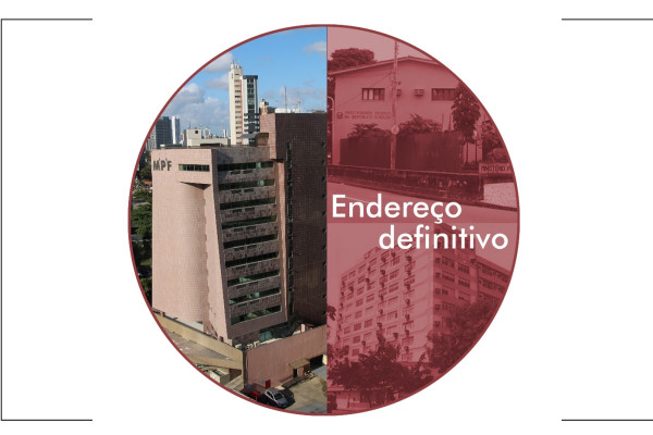 Arte com os três edifícios-sedes da PRR5, em fundo vermelho