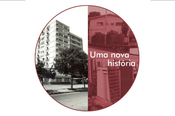 Arte em fundo vermelho com as fotos dos três edifícios-sedes da PRR5