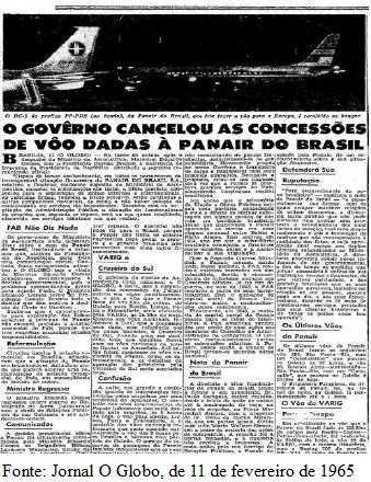 Recorte do Jornal O Globo, de 11 de fevereiro de 1965. O título apresenta a seguinte inscrição: "O Governo cancelou as Concessões de voo dadas à Panair do Brasil. Acima da imagem vemos uma foto de dois aviões em preto e branco.