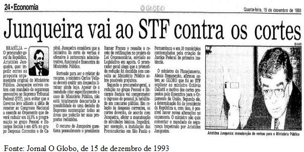 Recorte do Jornal O Globo, de 15 de dezembro de 1993. A manchete recebe o título de "Junqueira vai ao STF contra os cortes!" Ao lado direito do texto vemos uma foto do então Procurador Geral da época em escala maior.