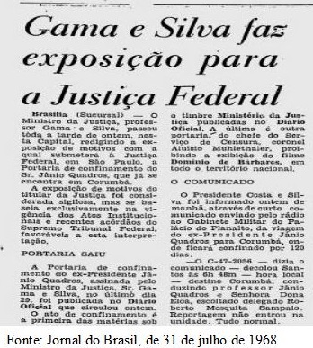 Recorte do Jornal do Brasil, de 31 de julho de 1968. A manchete possui o título: “ Gama e Silva faz exposição para a Justiça Federal”.
